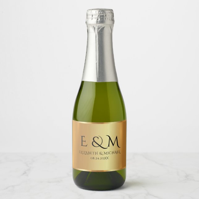 Custom Text Monogram Save the Date Glam Gold Sparkling Wine Label (Front)