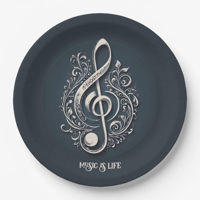 Custom Text Musical Clef Note Paper Plate (Front)