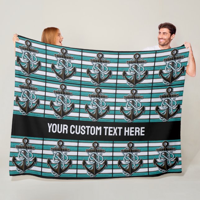 Custom Text Nautical Anchor Pattern Fleece Blanket (In Situ)