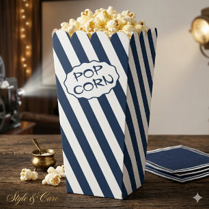Custom Text Navy Blue and White Striped Popcorn Favour Box