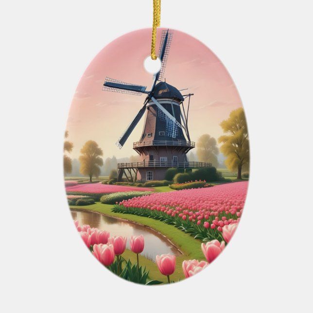 Custom Text Netherlands Windmills Ceramic Ornament (Front)