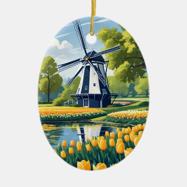 Custom Text Netherlands Windmills Ceramic Ornament (Front)