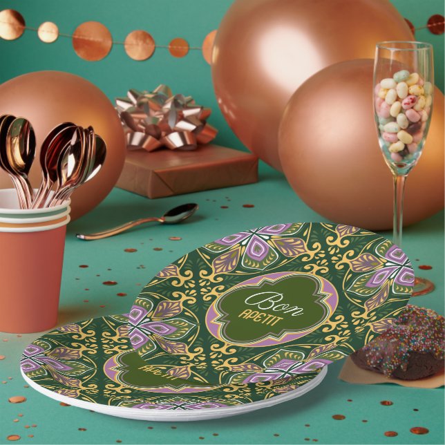 Custom text  Olive and lavender Azulejos Paper Plate (Multi)