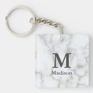Custom Text on Faux White Marble Key Ring