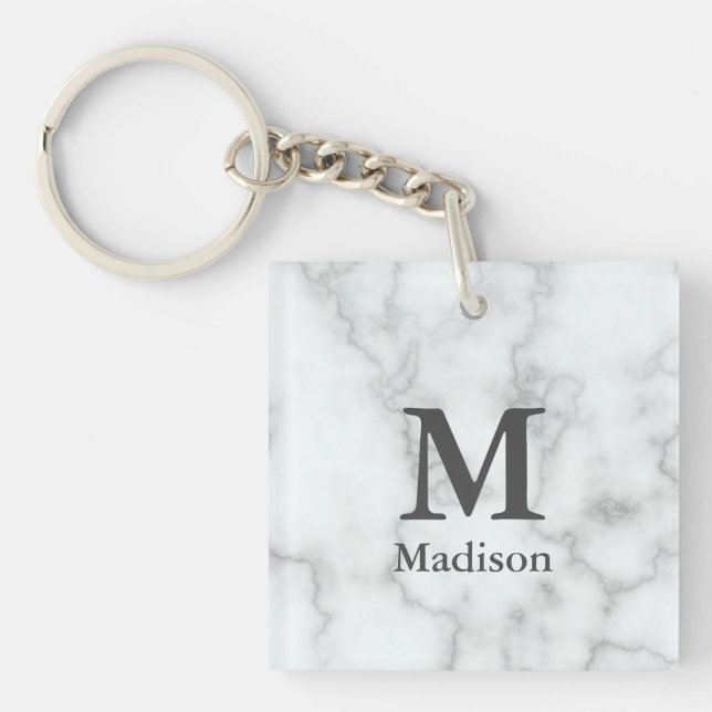 Custom Text on Faux White Marble Key Ring (Front)