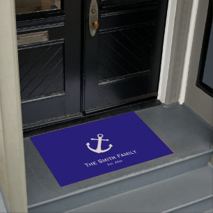 Custom Text on Navy Blue and White Nautical Doormat