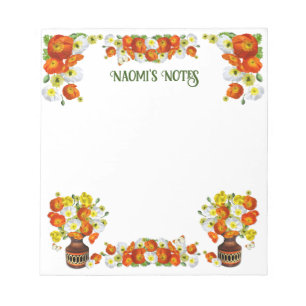 Custom Text Orange and White Poppy Notepad