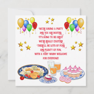 Custom Text Palloons and Party Food  Invitation