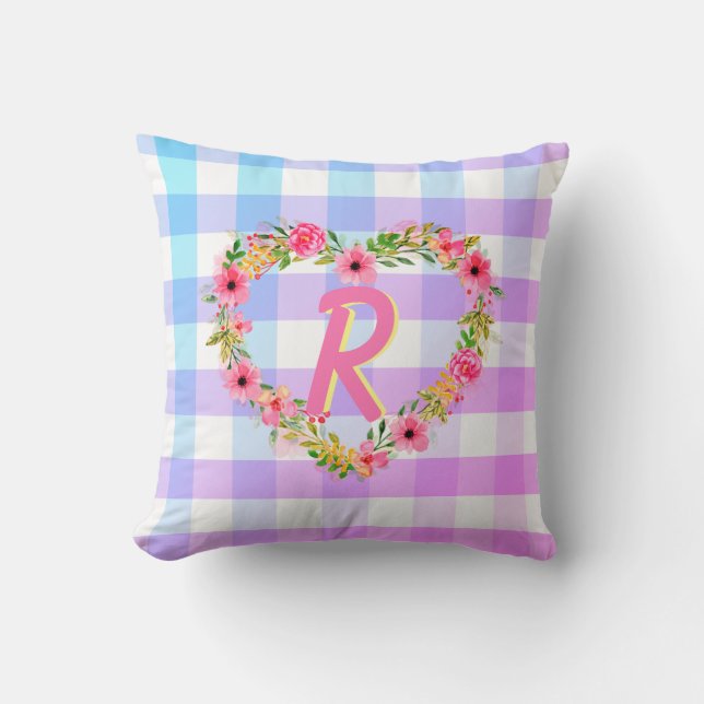 Custom Text/ Pastel Gingham Floral Heart Wreath Cushion (Front)