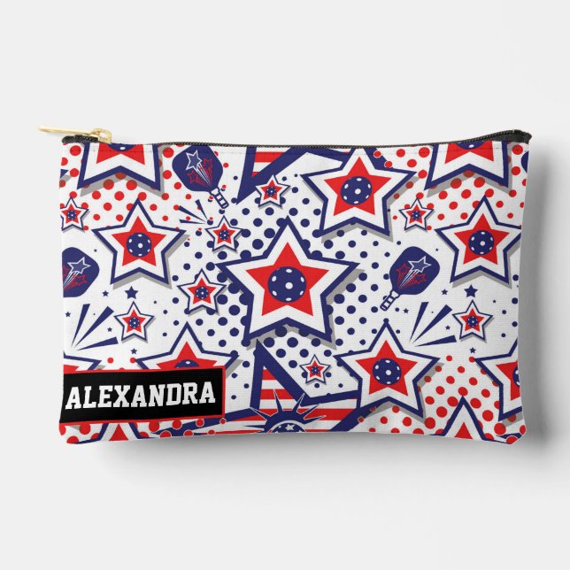 Custom text  Patriotic Stars & Pickleball Accessory Pouch (Front)