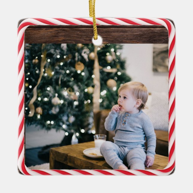 Custom Text/Photo Christmas Candy Wood Pattern Ceramic Ornament (Front)