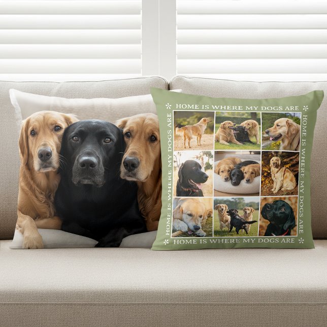 Custom Text Photo Collage Pet Dog Earthy Green Cushion (Creator Uploaded)