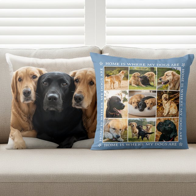 Custom Text Photo Collage Pet Dog Love Blue Cushion (Creator Uploaded)