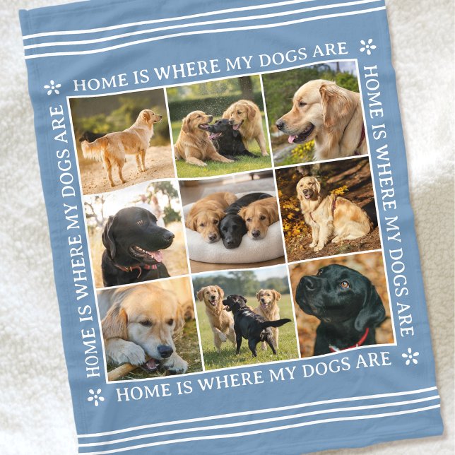 Custom Text Photo Collage Pet Dog Love Blue Fleece Blanket (Creator Uploaded)