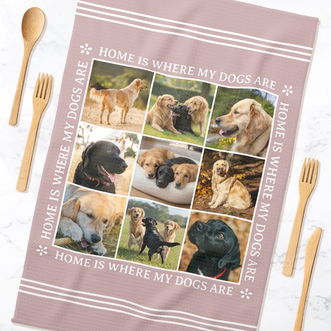 Custom Text Photo Collage Pet Dog Love Rose Pink Tea Towel (Creator Uploaded)