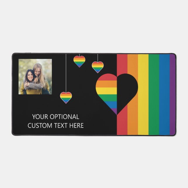 Custom Text & Photo Rainbow Hearts & Stripes Desk Mat (Front)