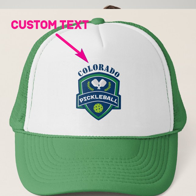 Custom text Pickleball  Trucker Hat (Pickleball Trucker hat with customizable text and navy - green pickleball emblem. Green pickleball)