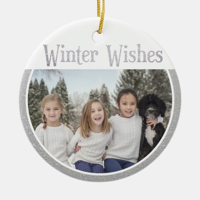 Custom Text/Pics Winter Snow Faux Silver Glitter Ceramic Ornament (Front)