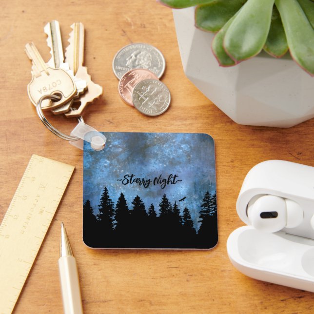 Custom Text Pine Forest Night Key Ring (Desk)