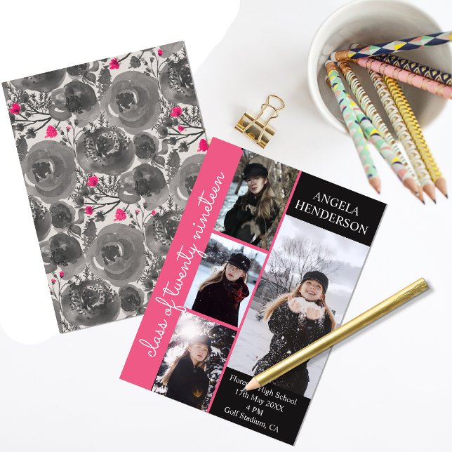 Custom Text Pink 4 Photo Collage Graduation Announcement (Creator Uploaded)