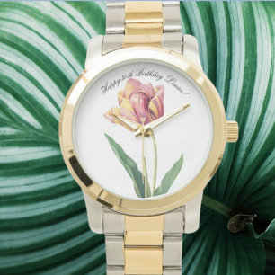 Custom(Text) Pink and Yellow Tulip Watercolor Watch