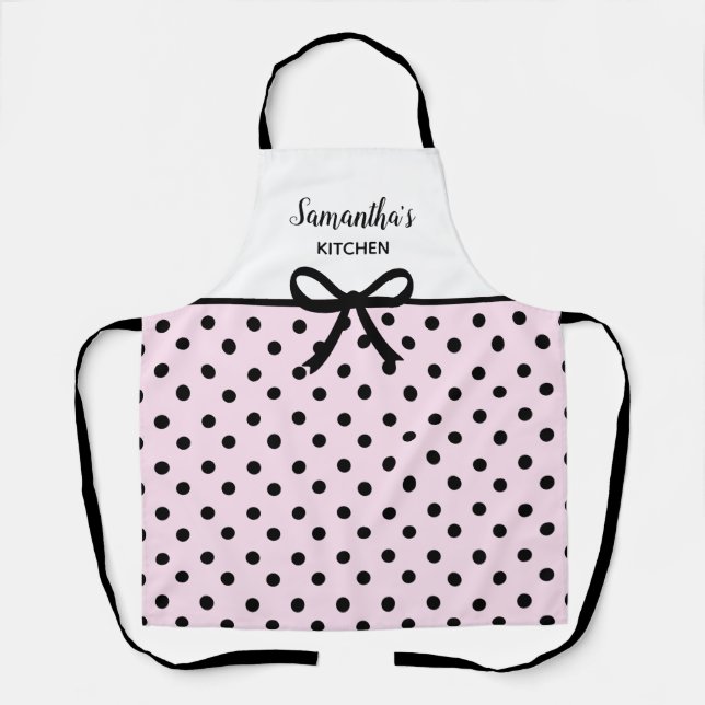 Custom Text Pink Black Polka Dots Cute Kitchen Apron (Front)