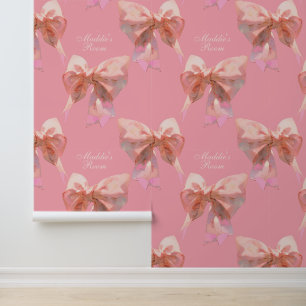 Custom Text Pink Coquette Bow Pattern Removable Wallpaper