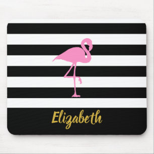 Custom Text Pink Flamingo on Black and Stripes Mouse Pad