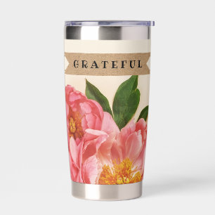 Custom Text Pink Floral Bouquet Kraft Ribbon  Insulated Tumbler