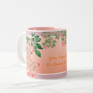 Custom Text/ Pink Glitter Spring Floral Flowers Two-Tone Coffee Mug