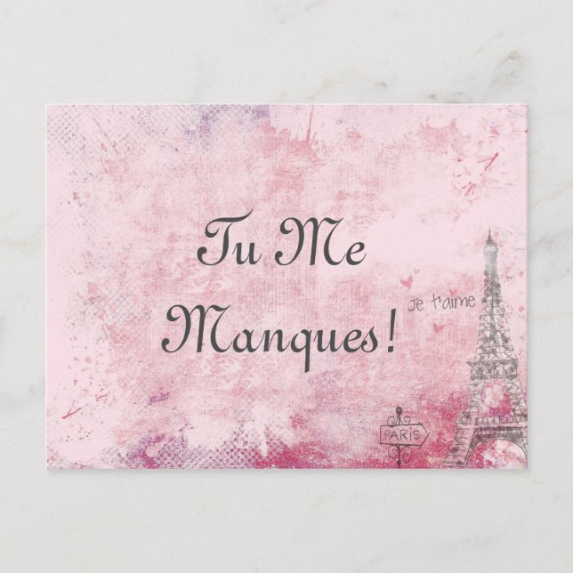 Custom Text Pink I Miss You Paris Eiffel French Postcard (Front)