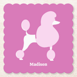 Custom Text Pink Poodle Paper Coaster