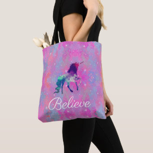 Custom Text Pink/Purple Galaxy Unicorn Tote Bag