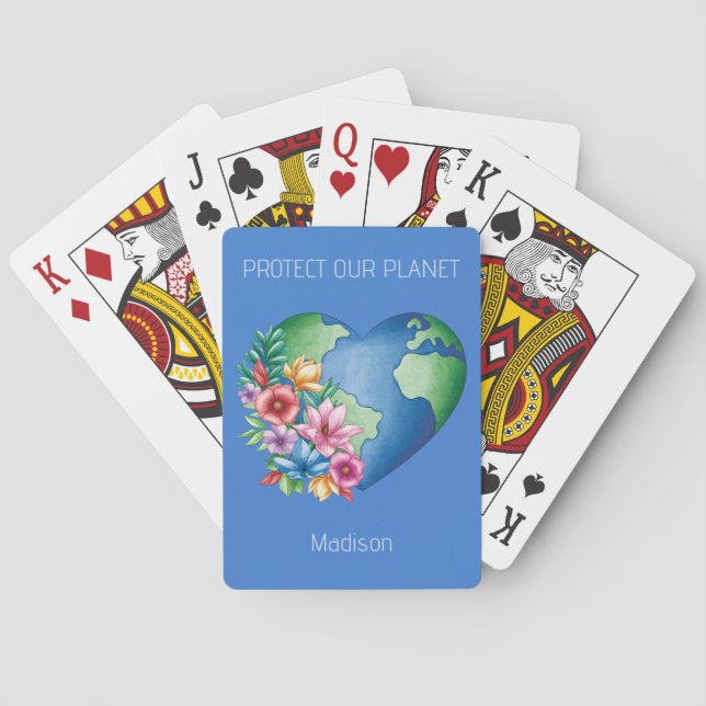 Custom Text Planet Earth Heart Playing Cards (Back)