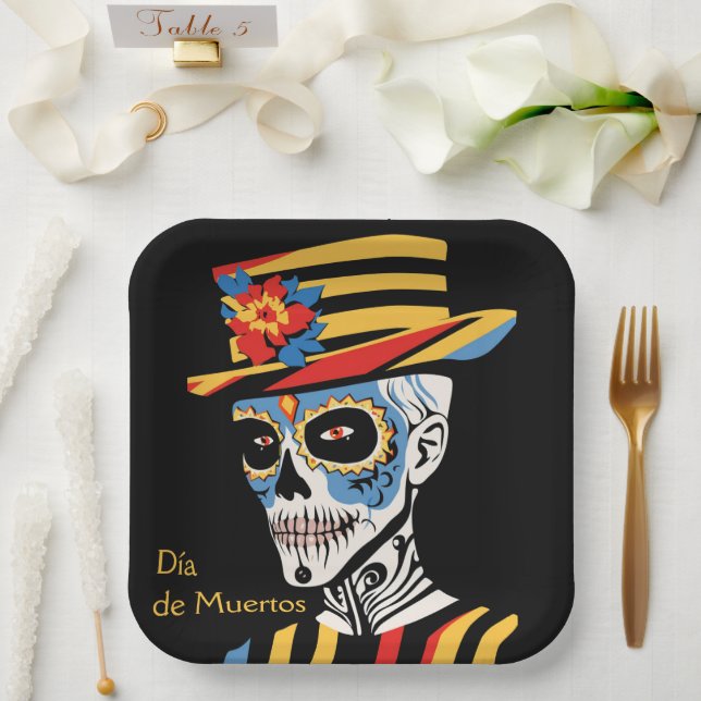 Custom text 💀 Pop Art Calavera in hat Paper Plate (Wedding)
