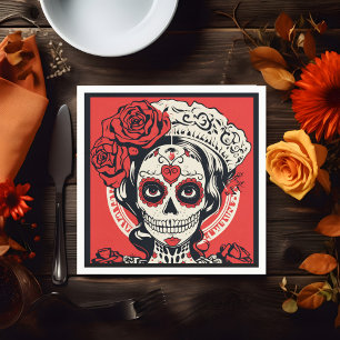 Custom text 💀 Pop Art Calavera red & white Napkin
