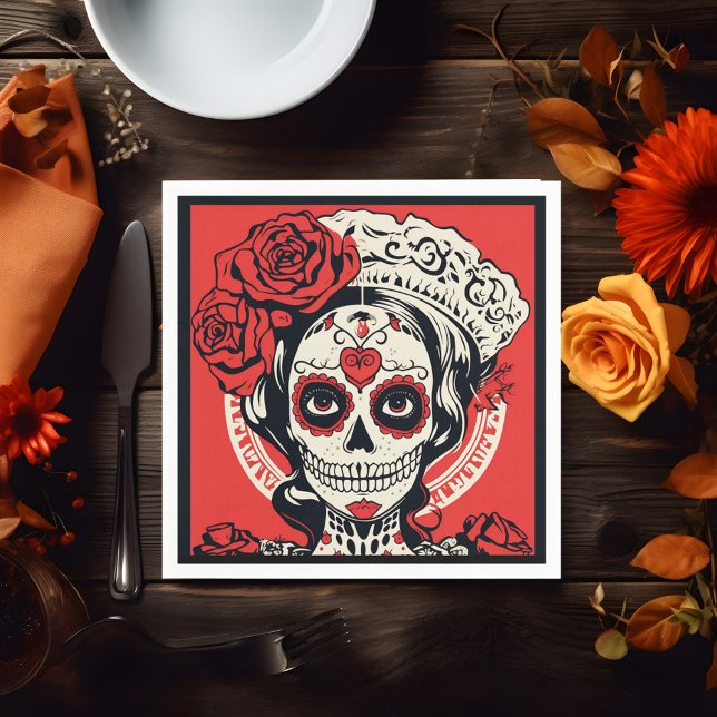 Custom text 💀 Pop Art Calavera red & white Napkin (Custom text 💀 Pop Art Calavera red & white Napkins)