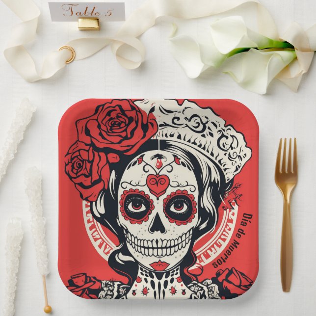 Custom text 💀 Pop Art Calavera red & white Paper Plate (Wedding)