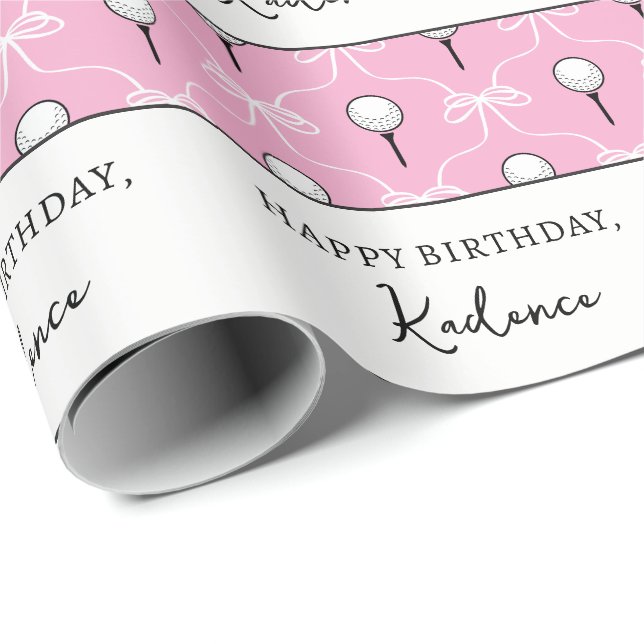 Custom Text Preppy Pink White Bow Golf Pattern Wrapping Paper (Roll Corner)