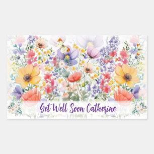 Custom Text Pretty Delicate Floral Get Well Rectangular Sticker