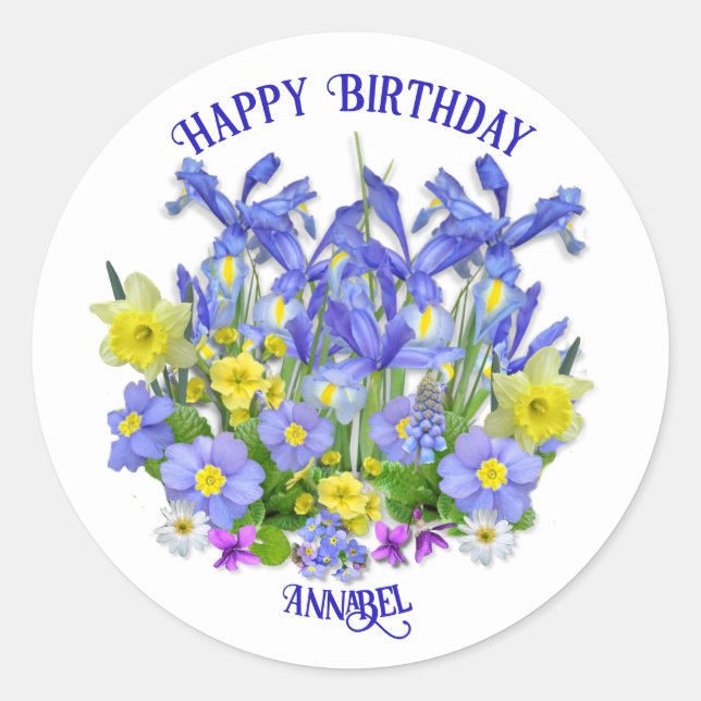 Custom Text Pretty Spring Flowers and Butterflies  Classic Round Sticker (Front)
