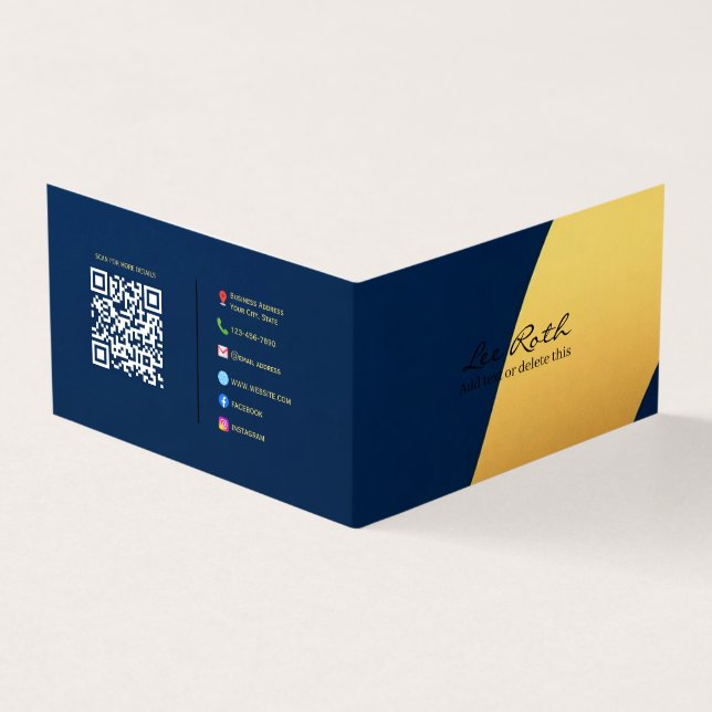Custom Text & QR Code | Full Contact | Gold & Blue Business Card (Outside)