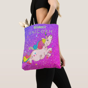 Custom Text/ Rainbow Kawaii Unicorn Glitter Ombre Tote Bag