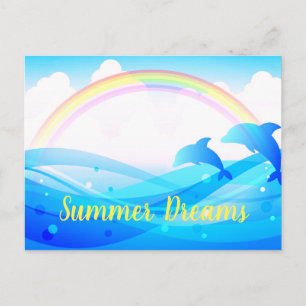 Custom Text Rainbow Summer Magic Blue Dolphins Postcard