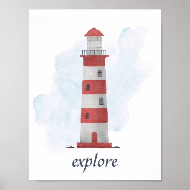 Custom Text Red White Lighthouse Nautical Ocean Poster (Front)