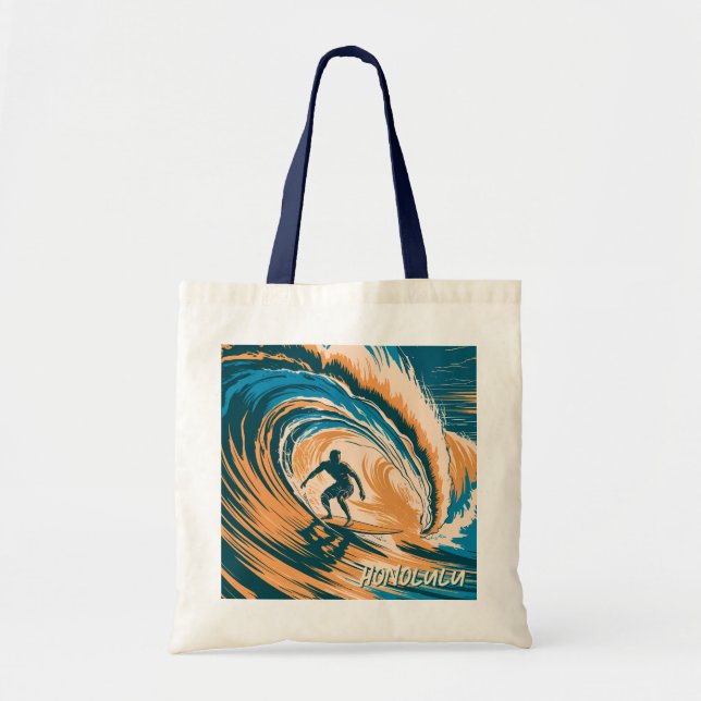 Custom Text Retro Honolulu Hawaii Surfer Surfing Tote Bag (Front)
