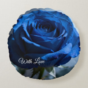 Custom Text – Romantic Blue Rose Floral Gift  Round Cushion
