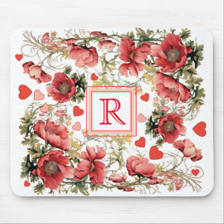 Custom Text Romantic Pink Poppies and Hearts Mouse Pad