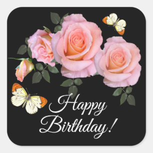 Custom text  Romantic Pretty Pink Roses Birthday   Square Sticker