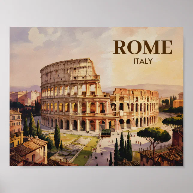 Custom Text Rome Italy Colosseum Retro Watercolor Poster | Zazzle